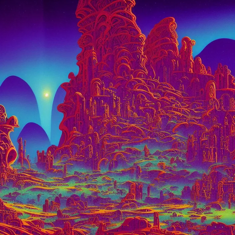 Prompt: epic shimmering ancient ruins in desert canyon valley night, haunted sky, infinite fractal waves, synthwave, bright neon colors, highly detailed, cinematic, eyvind earle, tim white, philippe druillet, roger dean, ernst haeckel, lisa frank, aubrey beardsley, kubrick, kimura, isono