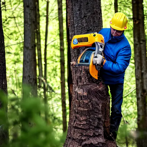 Image similar to putin with a chainsaw, cutting a tree. he wears a yellow safety helmet. canon eos r 3, f / 1. 4, iso 2 0 0, 1 / 1 6 0 s, 8 k, raw.