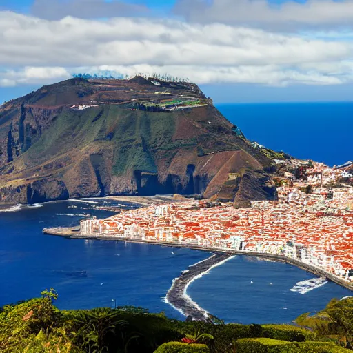 Image similar to madeira island, funchal, very very wide shot, realism, cinematic shot