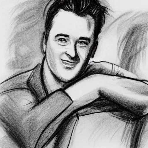 Prompt: black and white sketch of chandler bing sitting on a couch