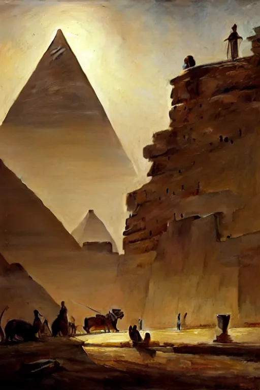 Image similar to beautiful landscape of ancient cairo egypt giant satue of anubis in the forground pyramids in the background, art by anders zorn, wonderful masterpiece by greg rutkowski, beautiful cinematic light, american romanticism thomas lawrence, greg rutkowski