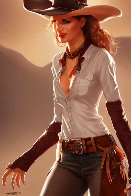 Image similar to full body, female cowgirl, perfect face, white blouse, holster, 8 k, magic the gathering, desert, d & d, artstation, high detail, smooth, sweaty