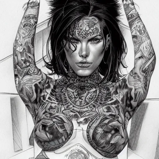 Image similar to a beautiful portrait of a heavily tattooed woman Travis Charest style