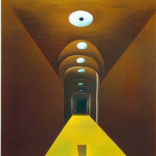 Prompt: a beautiful surrealist painting by salvador dali, I am walking through a brick hallway when suddenly the floor opens up and I start flying!