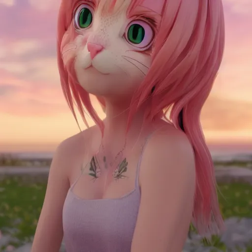 Image similar to Render of a beautiful 3d anime cat, long pink hair, hazel eyes, cute freckles, full round face, soft smile, cute sundress, golden hour, serene beach setting, medium shot, mid-shot, hyperdetailed, trending on Artstation, Unreal Engine 4k