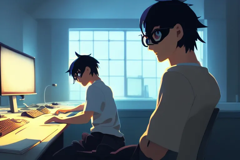 Prompt: a nerdy boy is programming at a computer in a room full of gadgets, screens all over the walls, by makoto shinkai and ghibli studio, dramatic lighting, highly detailed, incredible quality, trending on artstation