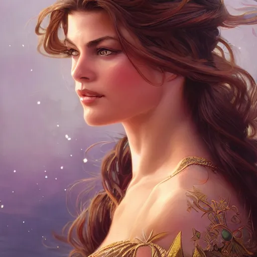 Image similar to beautiful young kathy ireland, closeup, d & d, fantasy, intricate, elegant, highly detailed, digital painting, artstation, concept art, matte, sharp focus, illustration, art by artgerm and greg rutkowski and alphonse mucha