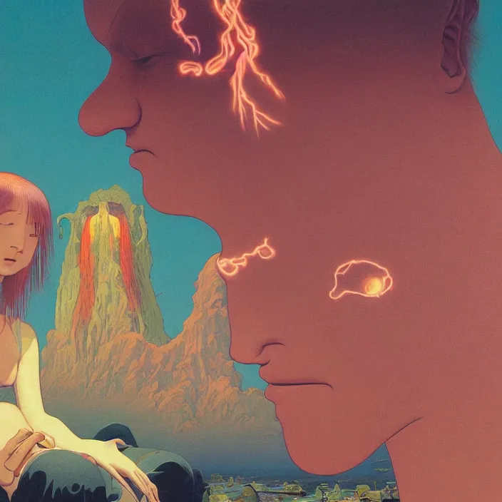 Image similar to close up portrait of a man and woman having fun with lsd and magic mushrooms by kawase hasui, moebius, Edward Hopper and James Gilleard, Zdzislaw Beksinski, Steven Outram, 8k, volumetric lighting, artstation