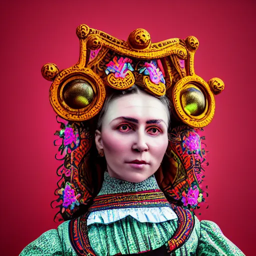 Prompt: Colour Taras Shevchenko style full body Photography of Highly detailed beautiful Woman with 1000 years detailed face and wearing detailed Ukrainian folk costume designed by Taras Shevchenko also wearing highly detailed retrofuturistic sci-fi Neural interface designed by Josan Gonzalez. Many details In style of Josan Gonzalez and Mike Winkelmann and andgreg rutkowski and alphonse muchaand and Caspar David Friedrich and Stephen Hickman and James Gurney and Hiromasa Ogura. Rendered in Blender and Octane Render volumetric natural light