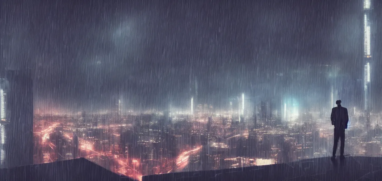 Image similar to shot of the roof with single man sitting on the edge during rain, below impressive cyberpunk night city during great rainy storm with lightning, nightscape, futuristic architecture, realistic photo, neons, blade runner, akira style, cinematic lighting, cinematic angles