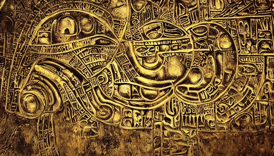 Image similar to h. r. giger hieroglyphs, hieroglyphs showing ufos alien planets, gold plate render, various refining techniques, micro macro auto focus, top photography photo art gallery, realistic photo, insane detail