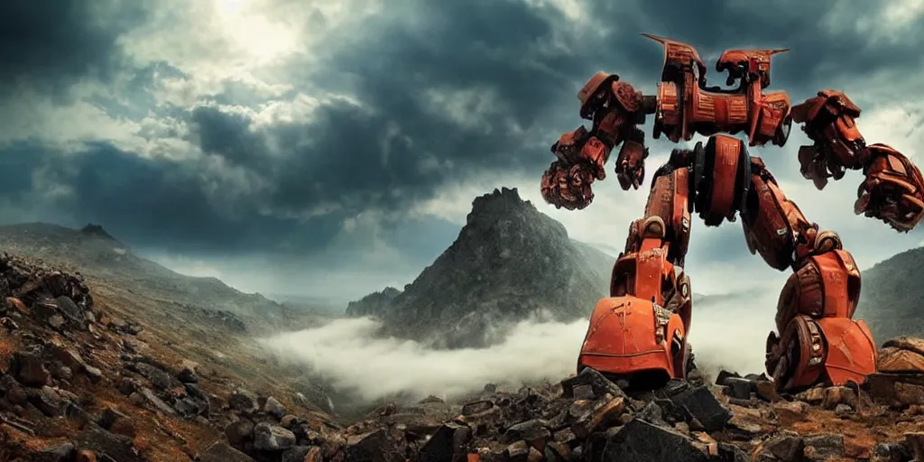 Prompt: amazing photo of a giant ancient robot of doom rising up out of a mountain sending rubble and rocks tumbling down it sides, clouds of dust and rock kick up into the air and spread across into the nearby city , epic scale , unimaginable power and wonder, awe, cinematic, high detail design robot ancient