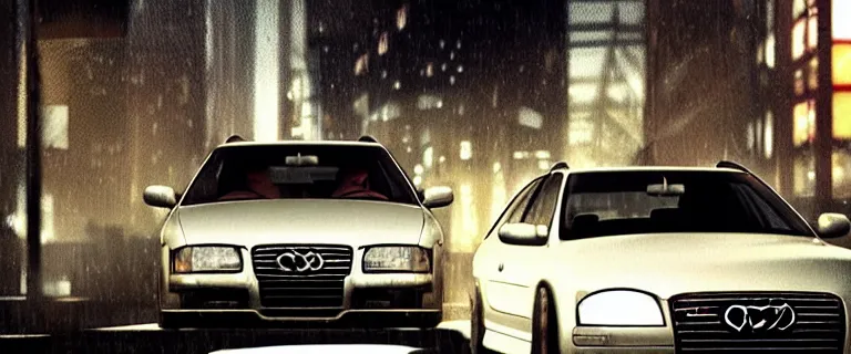 Image similar to Audi A4 B6 Avant (2002), a gritty neo-noir, dramatic lighting, cinematic, establishing shot, extremely high detail, photorealistic, cinematic lighting, artstation, style by greg rutkowsky, Max Payne (PC) (2001) winter new york