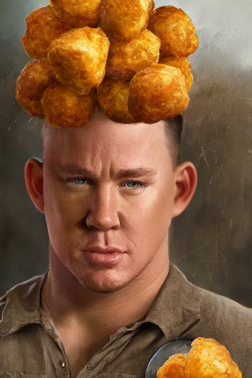 Image similar to channing tatum wearing a tater tot costume, oil on canvas, intricate, 8 k highly professionally detailed, hdr, cgsociety