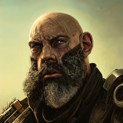 Image similar to portrait painting of a post apocalyptic man, bald, black beard, handsome, ultra realistic, concept art, intricate details, eerie, highly detailed, fallout, wasteland, photorealistic, octane render, 8 k, unreal engine 5. art by artgerm and greg rutkowski and alphonse mucha