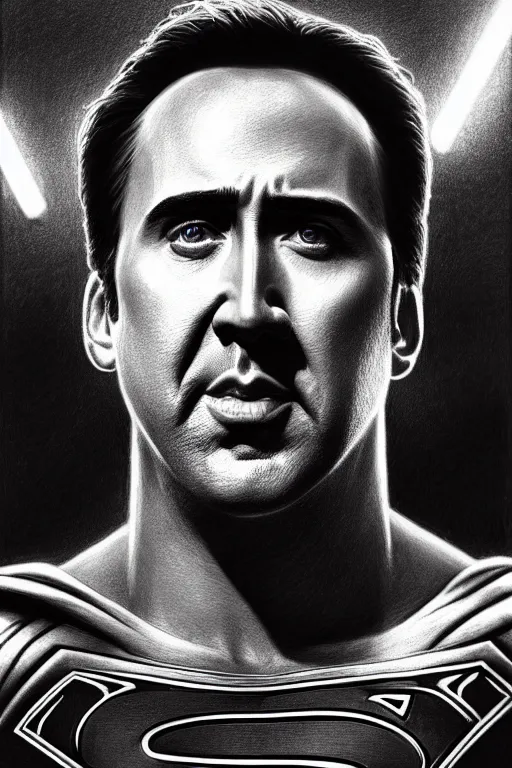 Image similar to portrait of nicolas cage as superman looking away from the camera, intricate, hyperrealistic, extremely detailed pencil drawing by simon stalenhag and greg rutkowski, artstation