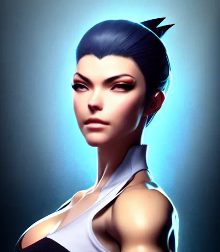 Image similar to beautiful portrait of a gorgeous personal trainer who looks like Bayonetta , character design by charlie bowater, ross tran, artgerm, and makoto shinkai, detailed, soft lighting, rendered in octane