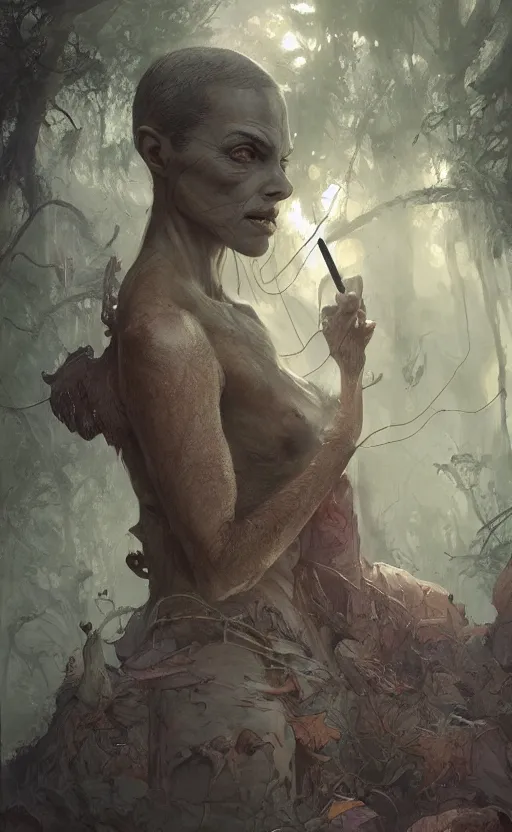 Prompt: full body of forest eleven smoking tobacco, inside tent, symmetrical face features, front game card, drark, marvel comics, dark, intricate, highly detailed, smooth, artstation, digital illustration by ruan jia and mandy jurgens and artgerm and wayne barlowe and greg rutkowski and zdislav beksinski