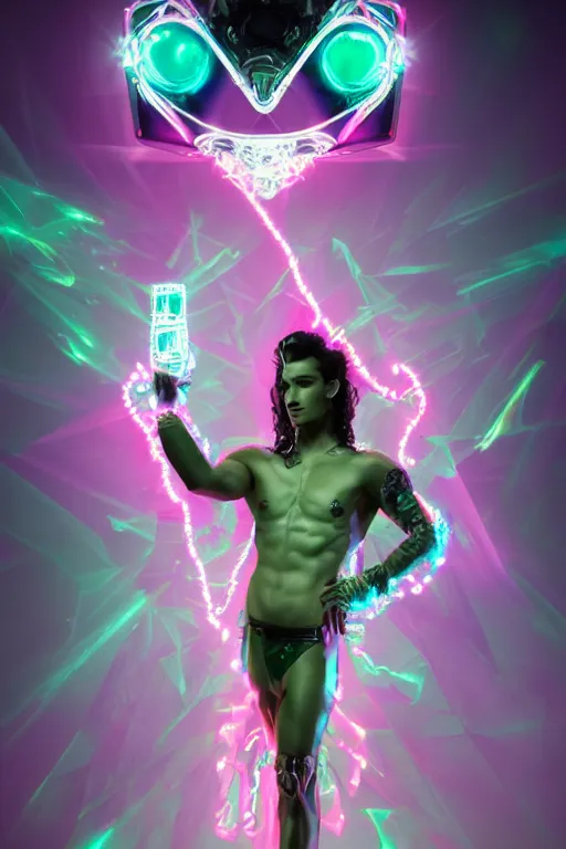 Prompt: full-body rococo and cyberpunk style crystal quartz sculpture of a young handsome seductive Puerto Rican android gogo boy reaching for the sky, glowing pink laser eyes, crown of white gears and diamonds, swirling green-colored silk fabric. futuristic elements. full-length view. intricate artwork by caravaggio. Trending on artstation, octane render, cinematic lighting from the right, hyper realism, octane render, 8k, depth of field, 3D