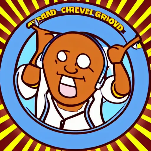 Image similar to svg sticker of a Dancing-Cleveland Brown, at a rave, spinning records, giant headphones rocking out, wearing headphones, huge speakers, dancing, rave, DJ, spinning records, digital art, amazing composition, rule-of-thirds, award-winning, trending on artstation, featured on deviantart