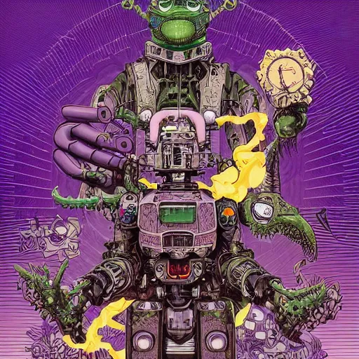 Prompt: dark robotic anthropomorphic cowboy alligator alchemist snake oil salesman, by yoichi hatakenaka, masamune shirow, josan gonzales and dan mumford, ayami kojima, takato yamamoto, barclay shaw, karol bak, purple green color scheme, uncle aloysius family medicine depot brand battle mech