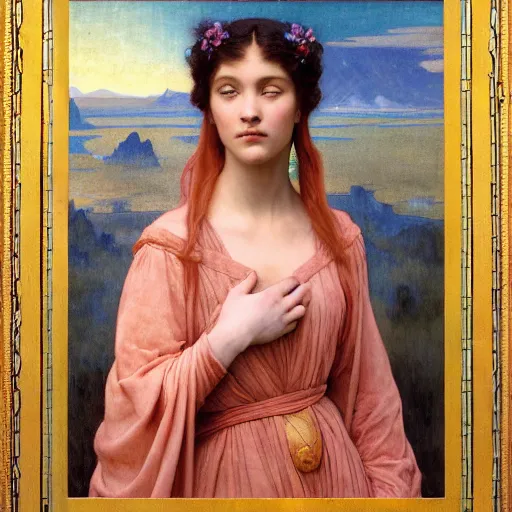 Image similar to princess of the dawn, by annie swynnerton and charlie bowater and diego rivera and william - adolphe bouguereau, nicholas roerich and jean delville and evelyn de morgan, dramatic lighting, brocade robes, elaborate floral ornament, rich colors, smooth sharp focus, extremely detailed, donato giancola, adolf wolfli