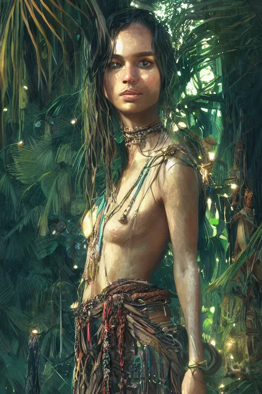 Prompt: portrait of bohemian girl in the jungle of tulum mexico, staring directly into camera, intricate, elegant, glowing lights, highly detailed, digital painting, artstation, sharp focus, illustration, art by wlop, mars ravelo and greg rutkowski