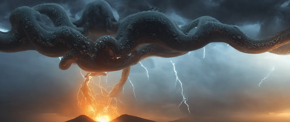 Prompt: a giant octopus god floating over a rain forest, lightning and sun rays, ambient light, a volcano erupts, still from the movie the arrival, 8k