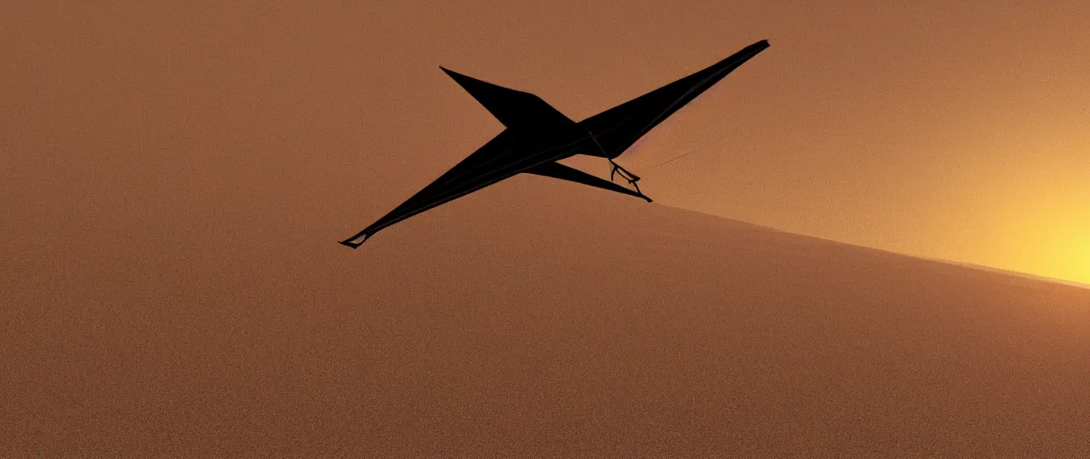 Prompt: an ornithopter on dune, sand worms in the background, light orange sunset, volumetric light, hdr, 8 k, bokeh designed by moebius kow yokoyama