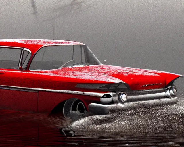 Image similar to red 1 9 5 8 plymouth fury submerged under water, cinematic, photoreal, by red dead redemption 2