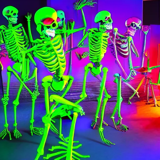 Image similar to photo, a giant crowd of realistic anatomically correct claymation skeletons dancing sensually and cool inside a colorful futuristic night club, colorful dramatic unique lighting