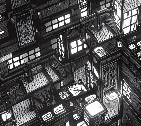 Prompt: a black and white illustration of a cyberpunk netrunner, street level, in the style of (Escher), 4k, 8k, HD, trending on artstation