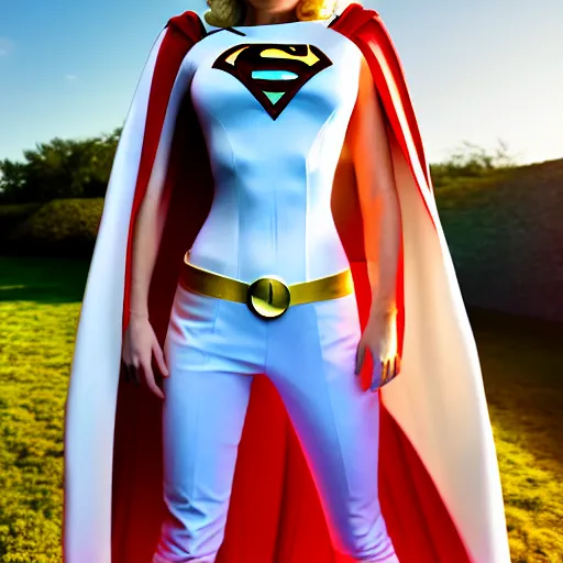 Image similar to brie larson as dc comics'' power girl ', full body with white leotard costume and cape and chest keyhole, pinup photo, 4 k