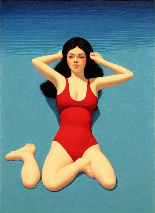 Prompt: portrait of a girl, in retro swimsuit, lying by the pool, minimalist oil painting by john godward, cheng, hsiao - ron, flat colors, beautiful lightning, sharp