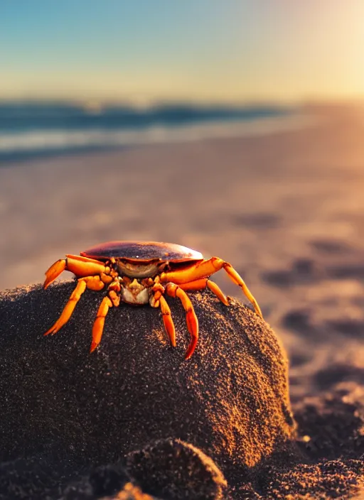 Image similar to a happy crab holding a beer in a beach, golden hour, bokeh, 4k