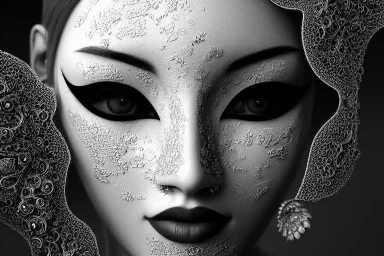 Prompt: portrait of a young beautiful woman with a mask. contemporary photograph, speed painting, fractal, mandelbulb. black and white. intricate, elegant, super highly detailed, professional digital painting, artstation, concept art, smooth, sharp focus, no blur, no dof, extreme illustration, Unreal Engine 5, Photorealism, HD quality, 8k resolution, cinema 4d, 3D, beautiful, cinematic, art by artgerm and greg rutkowski and alphonse mucha and loish and WLOP