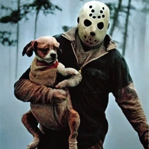 Prompt: Jason Voorhees and dog