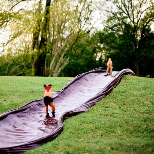 Image similar to adult sliding down chocolate pudding slip n slide legs first, professional photo taken at the park