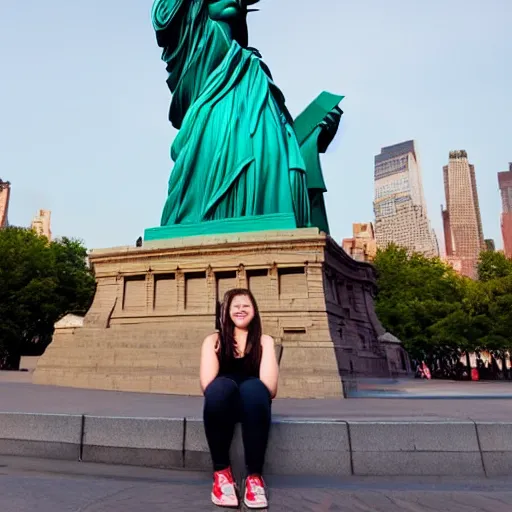 Prompt: liberty statue sitdown pose, new York background, very convincing