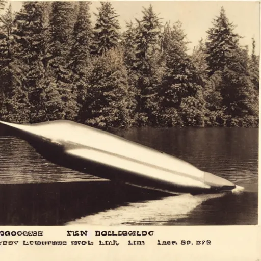 Image similar to vintage photo of a rocketship landing next to a lake