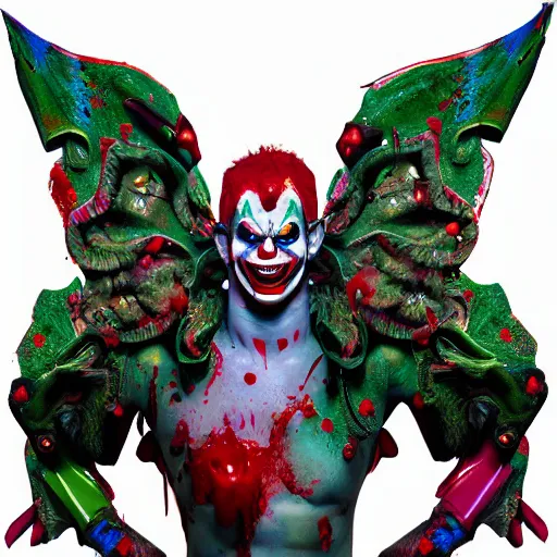 Prompt: 4K headshot of godlike clown with defined arms and open hands and bloody clothes with giant mandala wings , intricate clown face make-up , flawless anime cel animation by Kentaro Miura, psychedelic , highly detailed upper body , professionally post-processed , beautiful, scary, symmetry accurate features, epic, octane rendered, anime masterpiece, accurate