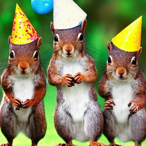 Image similar to three squirrel s having a cool birthday party, highly detailed