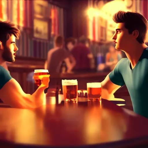 Image similar to cinematic scene with attractive male and another attractive male, shorts, drinking their hearts out, in the pub, high definition, very detailed, volumetric lighting, still frame