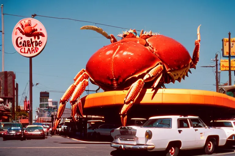 Image similar to 2 0 1 5 cute giant crab terrorizing a city, googie city, americana, fishcore, hd 8 k, photography cinestill