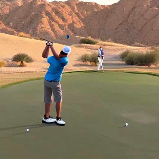 Image similar to pickle man golfing in the desert