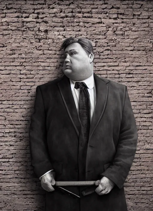 Image similar to a highly detailed illustration of 6 7 year - old clean - shaven chubby chubby chubby white man wearing black detective coat with necktie, heroic pose, brick wall background, intricate, elegant, highly detailed, centered, digital painting, artstation, concept art, smooth, sharp focus, league of legends concept art, wlop.