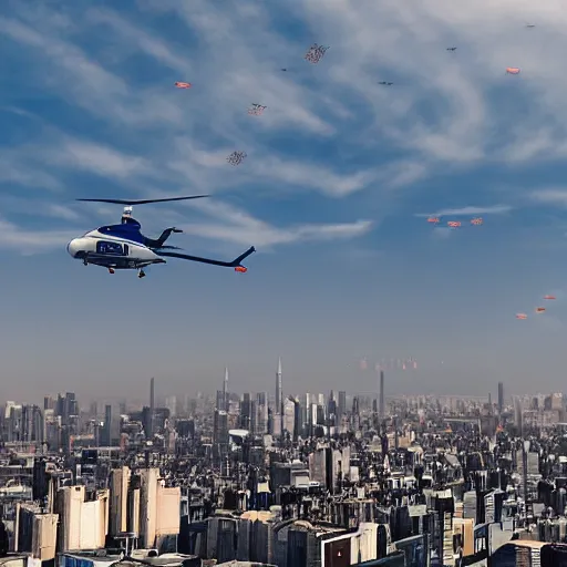 Prompt: air ambulance circling a city, anamorphic still, ultra realistic