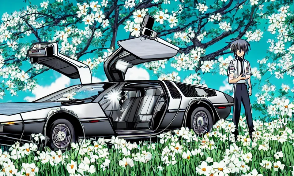 Image similar to a delorean standing in a flower field, anime style