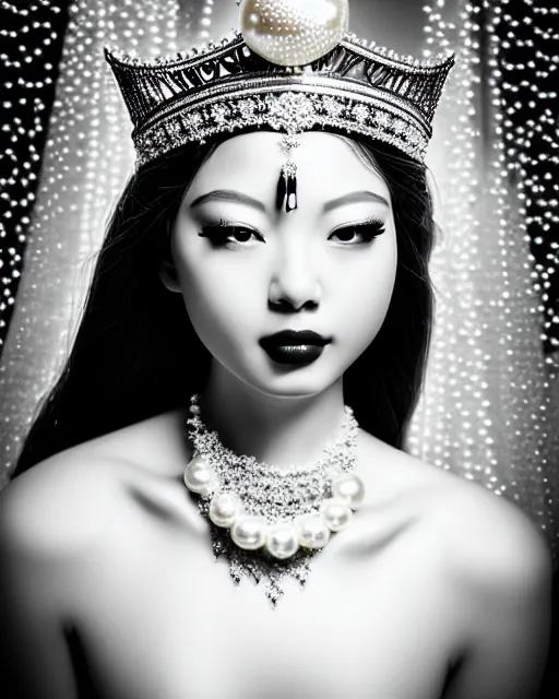 Prompt: black and white dreamy young beautiful crowned female artificial intelligence, realistic pearl ornament in the face, long hair are intricate with highly detailed realistic pearls, cinematic, rim light, bokeh, photo - realistic, elegant, high detail, 8 k, masterpiece, photo taken in 1 9 3 0