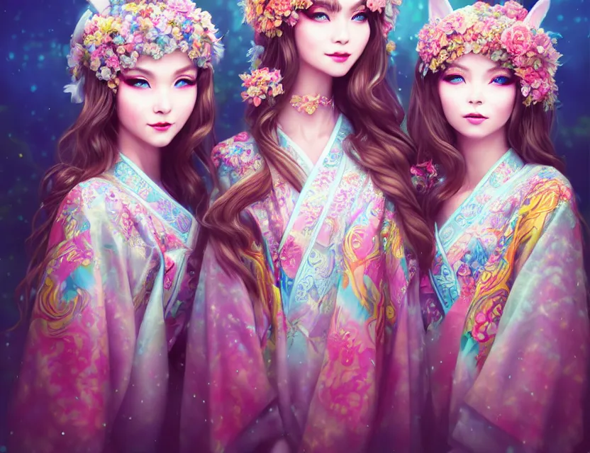 Image similar to two beautiful fashion siberian girls wear fantasy kimono in festival | | big eyes, sunny, dreamlike art, realistic shaded, smile, good looking, hyper details, 4 k realistic, cryengine, realistic shaded lighting poster by artgerm, ross tran, fuji choko, loish, 8 k resolution, trending on artstation, luxury